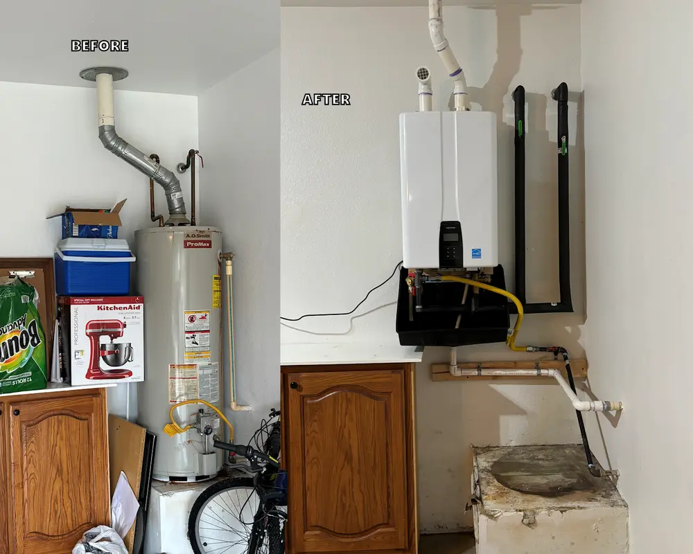 Before and after an MRC Plumbing Solutions tank water heater to tankless water heater replacement